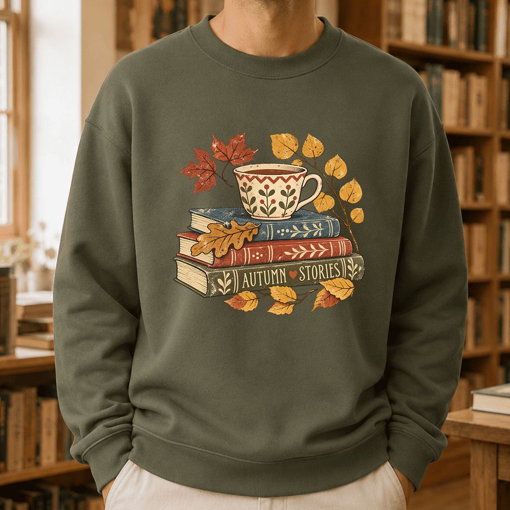 Autumn Stories Book Stack Crewneck Sweatshirt | Cozy Fall Reader Gift Military Green