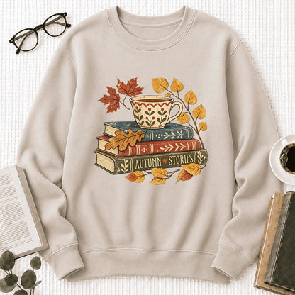 Autumn Stories Book Stack Crewneck Sweatshirt | Cozy Fall Reader Gift Sand