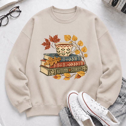 Autumn Stories Book Stack Crewneck Sweatshirt | Cozy Fall Reader Gift Sand