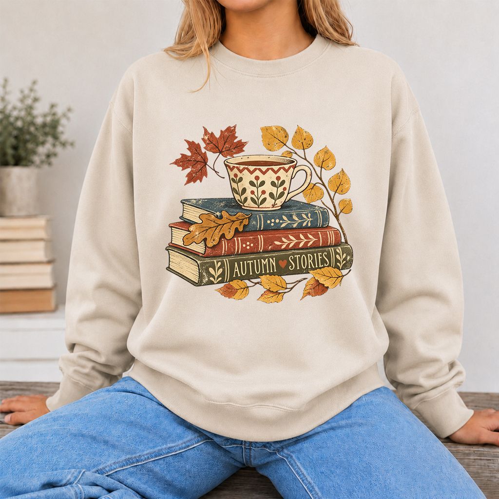 Autumn Stories Book Stack Crewneck Sweatshirt | Cozy Fall Reader Gift Sand