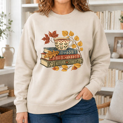 Autumn Stories Book Stack Crewneck Sweatshirt | Cozy Fall Reader Gift Sand