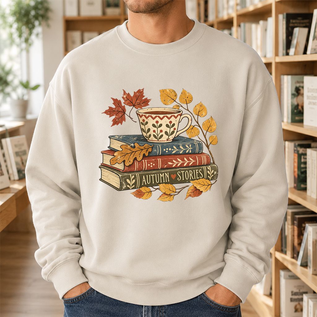 Autumn Stories Book Stack Crewneck Sweatshirt | Cozy Fall Reader Gift Sand