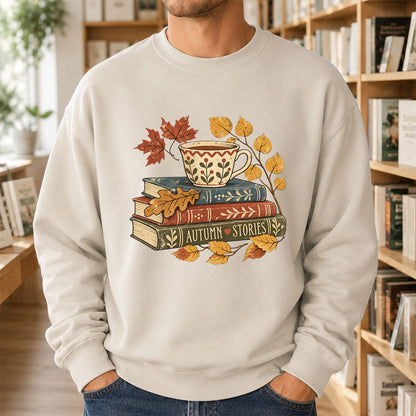 Autumn Stories Book Stack Crewneck Sweatshirt | Cozy Fall Reader Gift Sand