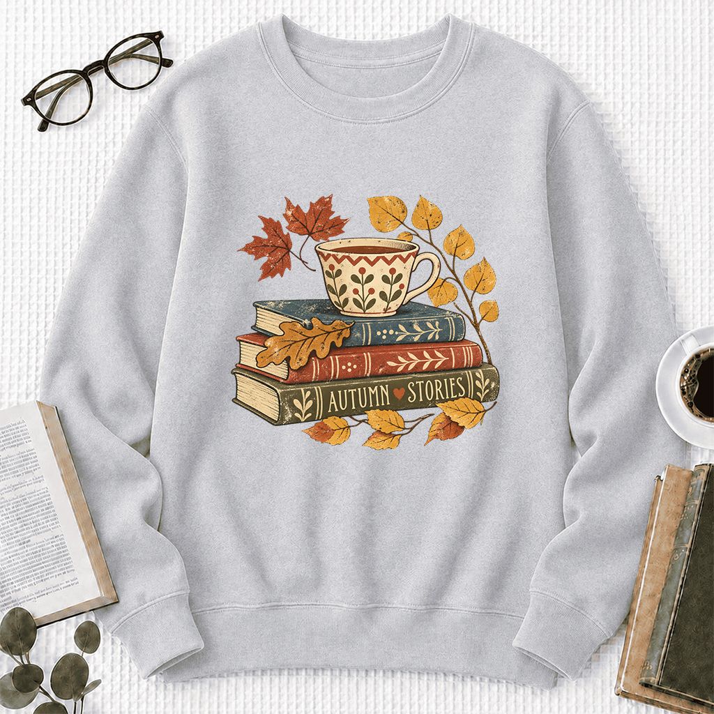 Autumn Stories Book Stack Crewneck Sweatshirt | Cozy Fall Reader Gift Sport Grey