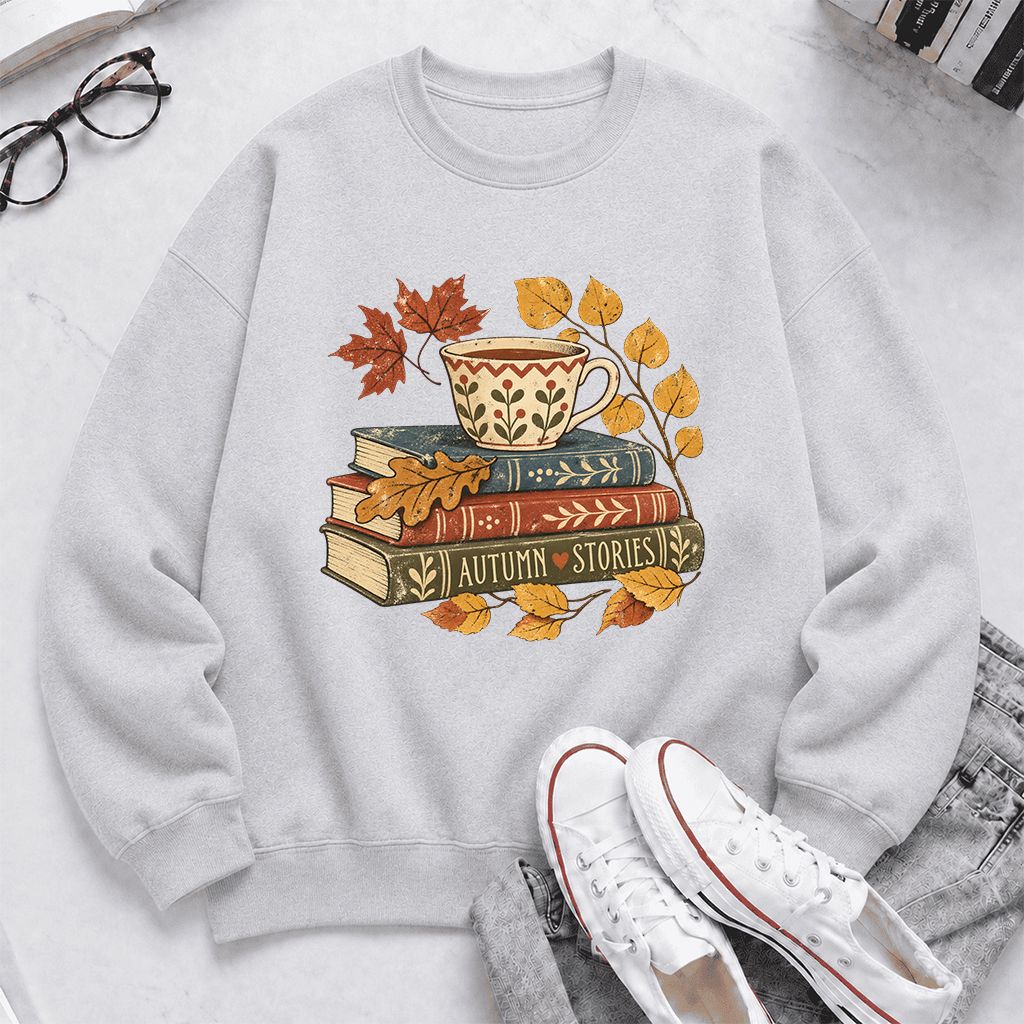 Autumn Stories Book Stack Crewneck Sweatshirt | Cozy Fall Reader Gift Sport Grey