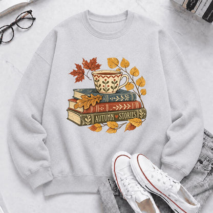 Autumn Stories Book Stack Crewneck Sweatshirt | Cozy Fall Reader Gift Sport Grey