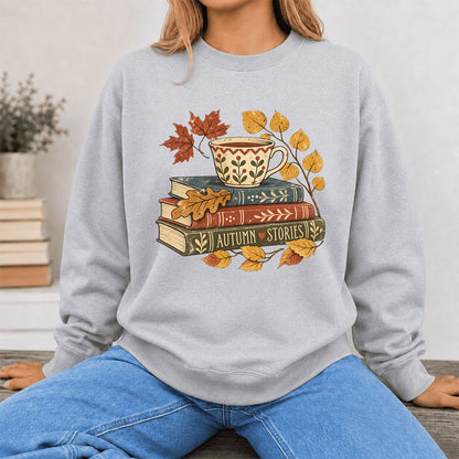 Autumn Stories Book Stack Crewneck Sweatshirt | Cozy Fall Reader Gift Sport Grey