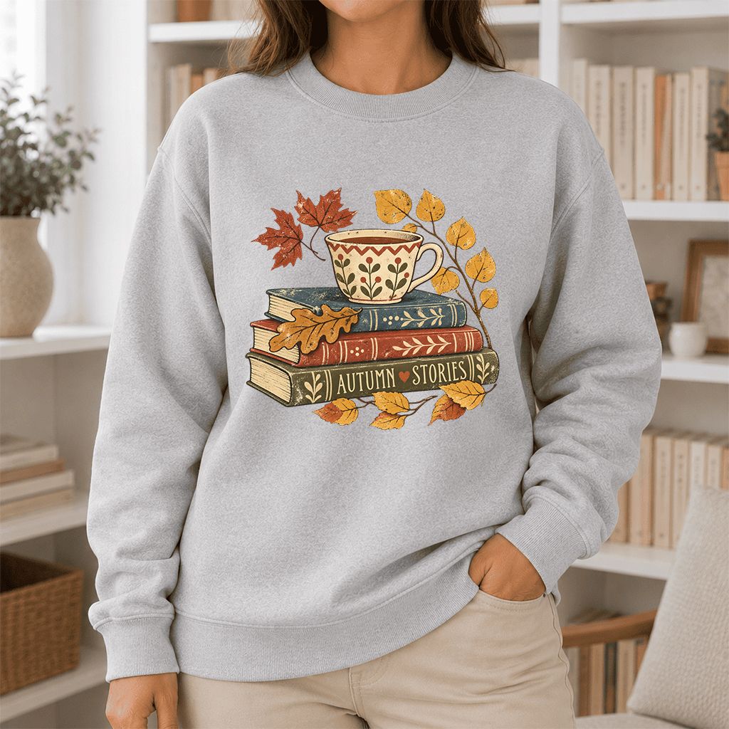 Autumn Stories Book Stack Crewneck Sweatshirt | Cozy Fall Reader Gift Sport Grey
