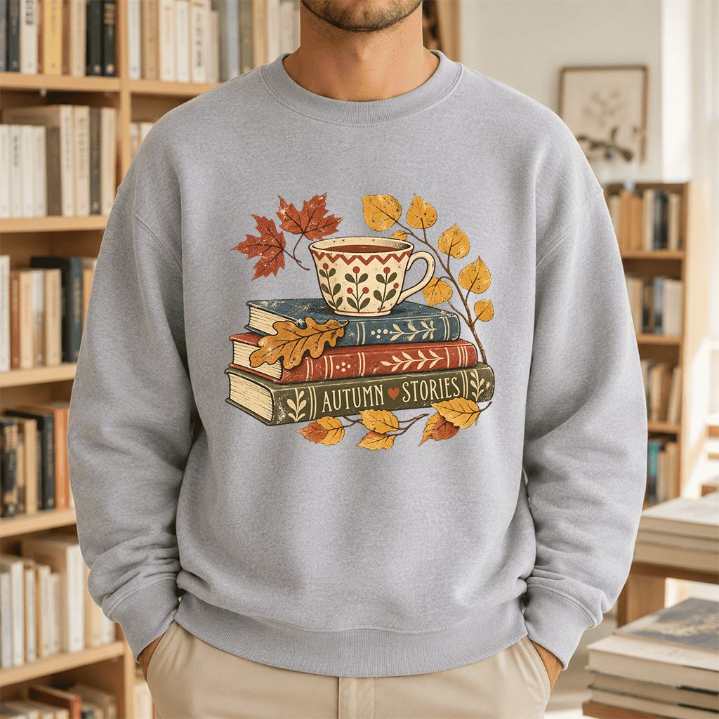 Autumn Stories Book Stack Crewneck Sweatshirt | Cozy Fall Reader Gift Sport Grey