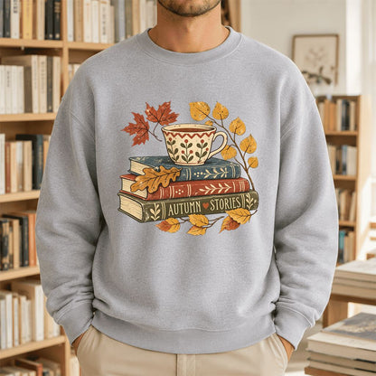 Autumn Stories Book Stack Crewneck Sweatshirt | Cozy Fall Reader Gift Sport Grey