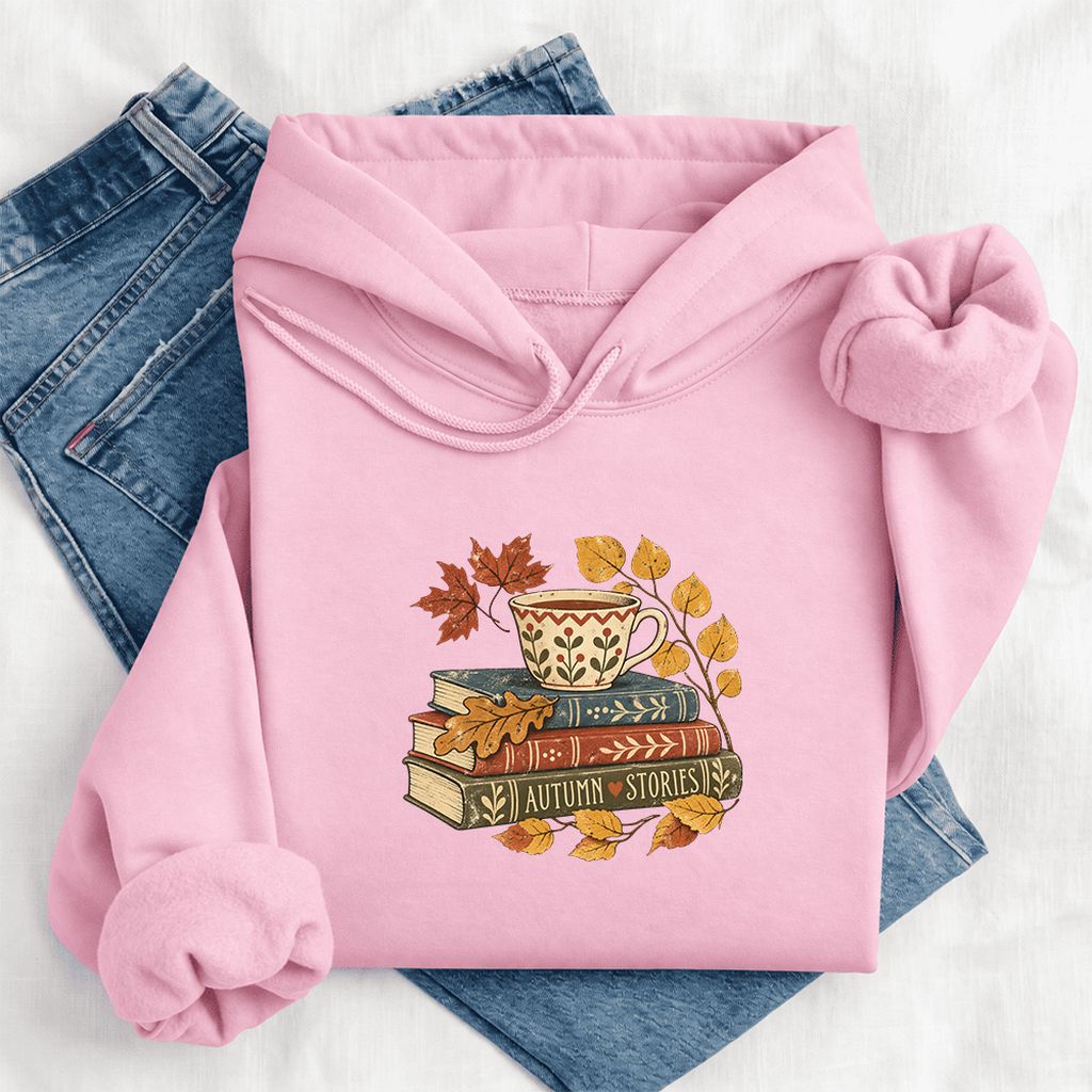 Autumn Stories Book Stack Softstyle Hoodie | Cozy Fall Reader Gift Light Pink