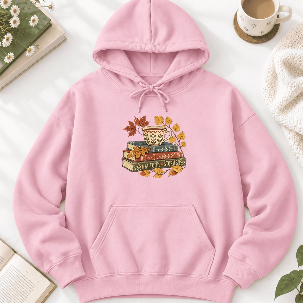 Autumn Stories Book Stack Softstyle Hoodie | Cozy Fall Reader Gift Light Pink