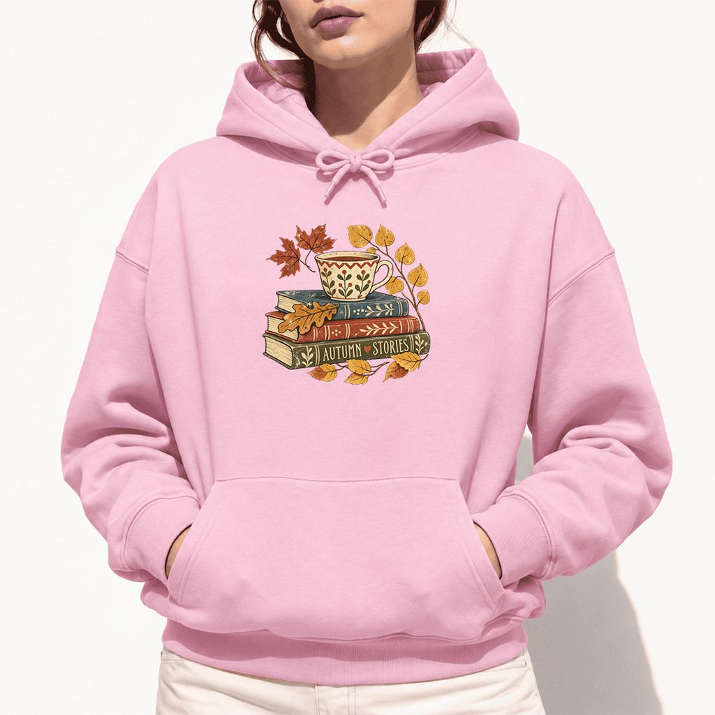 Autumn Stories Book Stack Softstyle Hoodie | Cozy Fall Reader Gift Light Pink