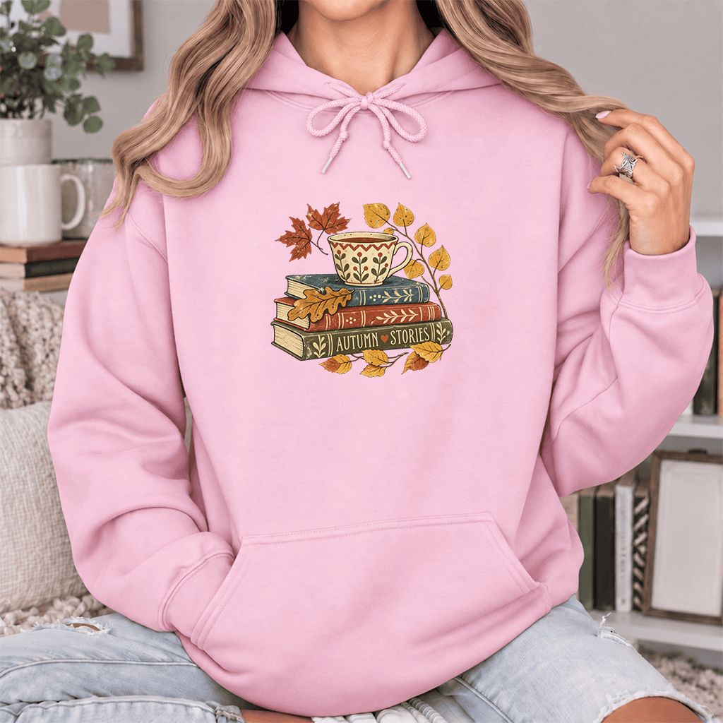 Autumn Stories Book Stack Softstyle Hoodie | Cozy Fall Reader Gift Light Pink