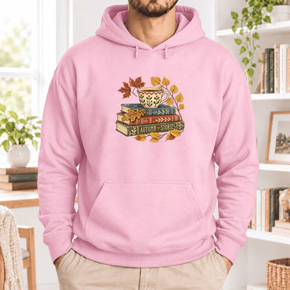 Autumn Stories Book Stack Softstyle Hoodie | Cozy Fall Reader Gift Light Pink