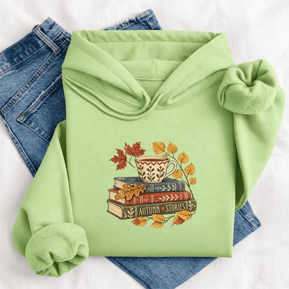 Autumn Stories Book Stack Softstyle Hoodie | Cozy Fall Reader Gift Pistachio