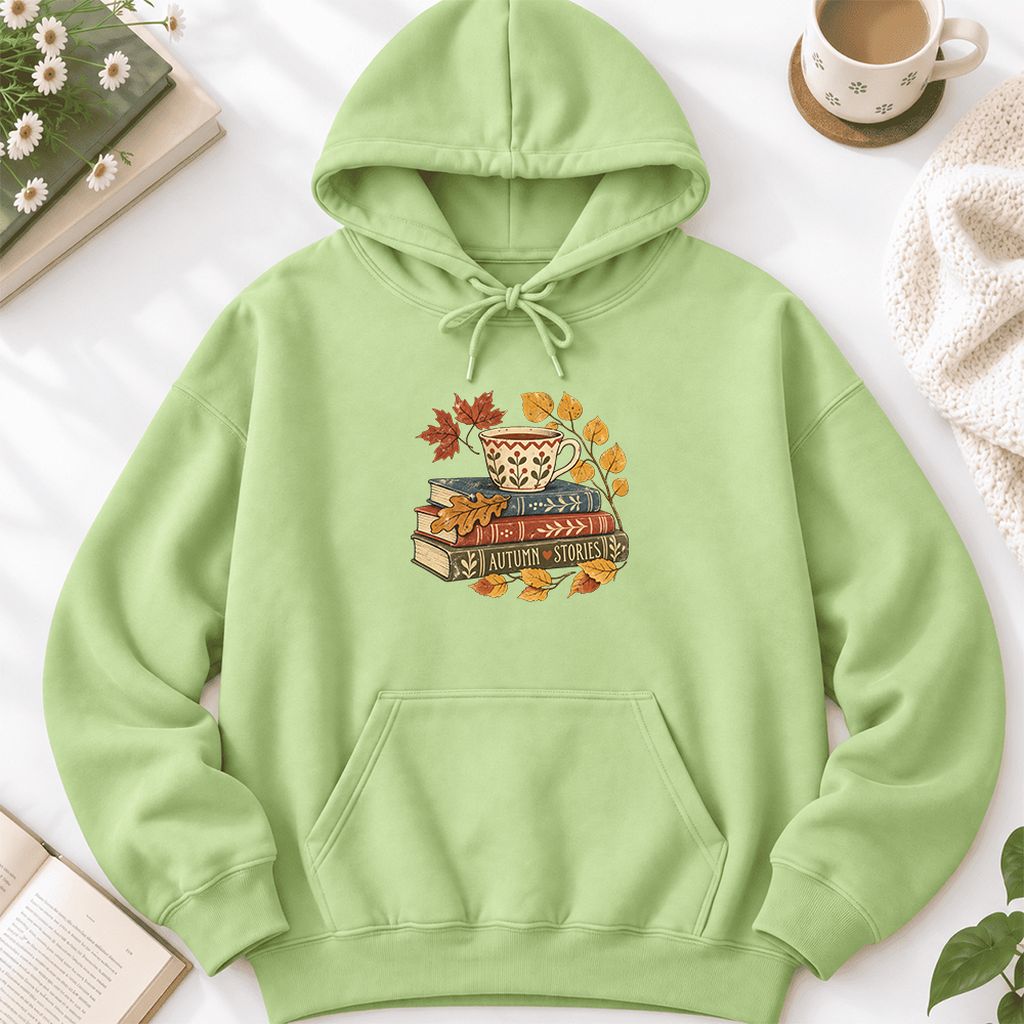 Autumn Stories Book Stack Softstyle Hoodie | Cozy Fall Reader Gift Pistachio