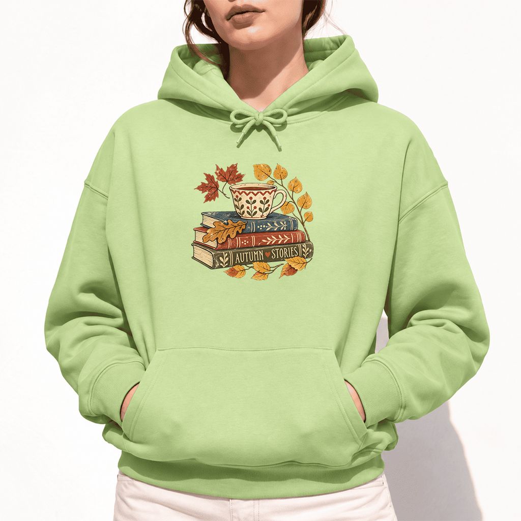 Autumn Stories Book Stack Softstyle Hoodie | Cozy Fall Reader Gift Pistachio