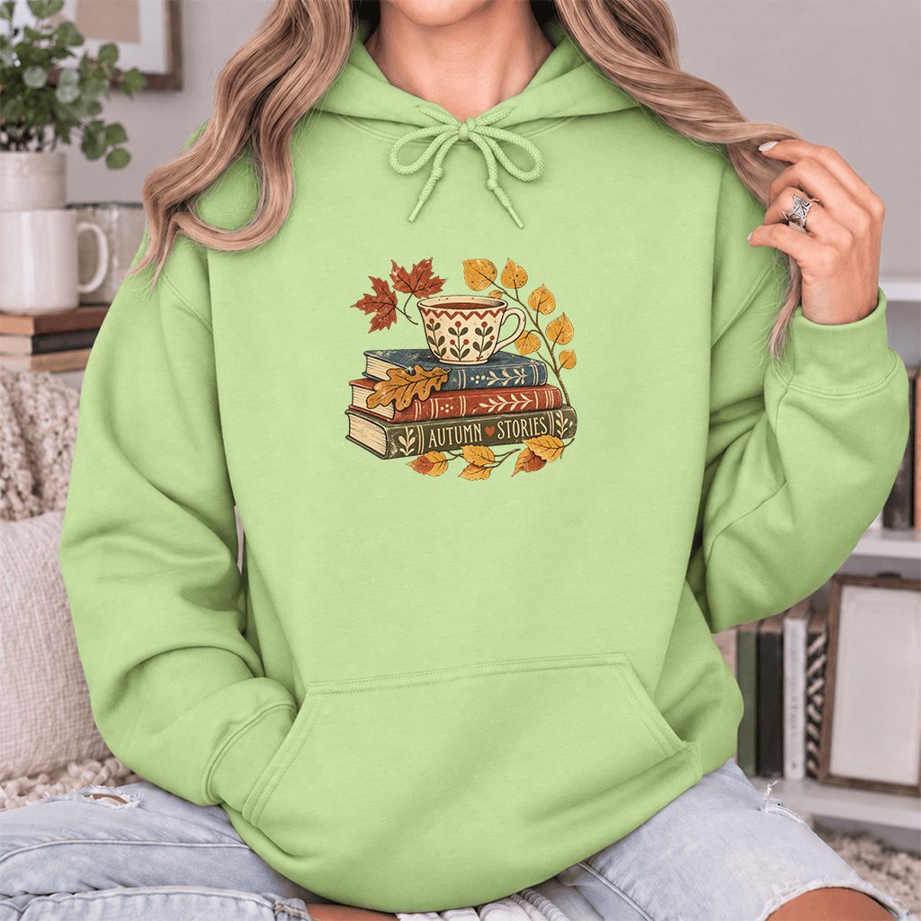Autumn Stories Book Stack Softstyle Hoodie | Cozy Fall Reader Gift Pistachio