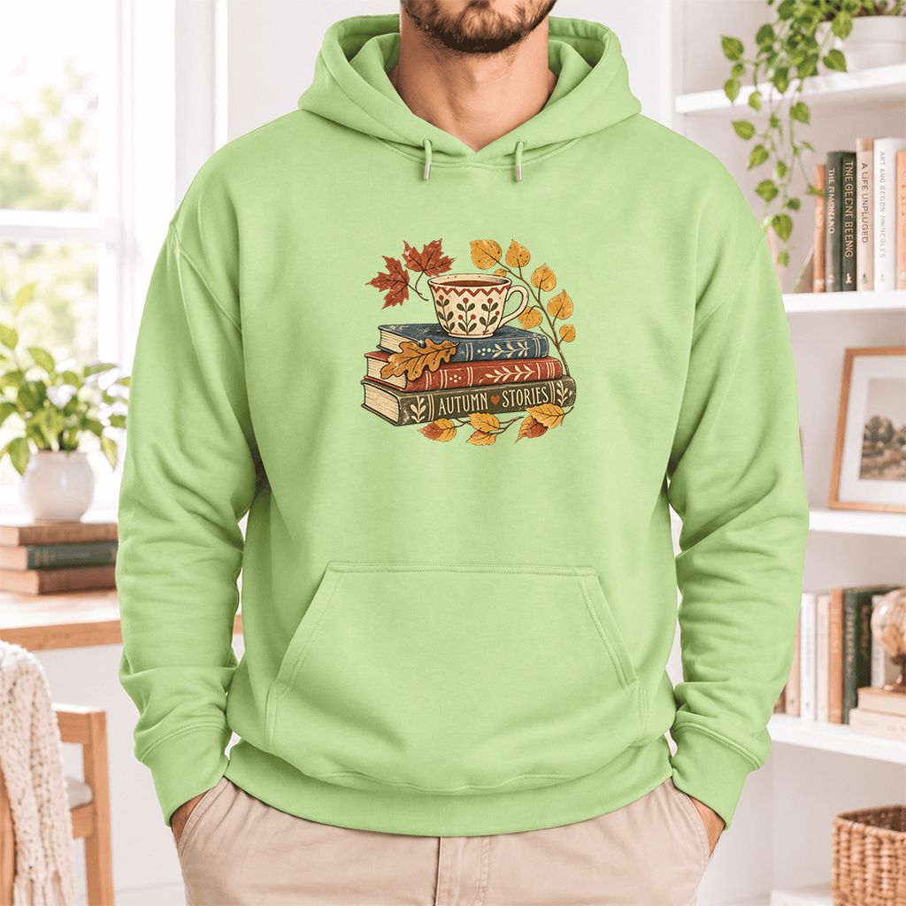 Autumn Stories Book Stack Softstyle Hoodie | Cozy Fall Reader Gift Pistachio