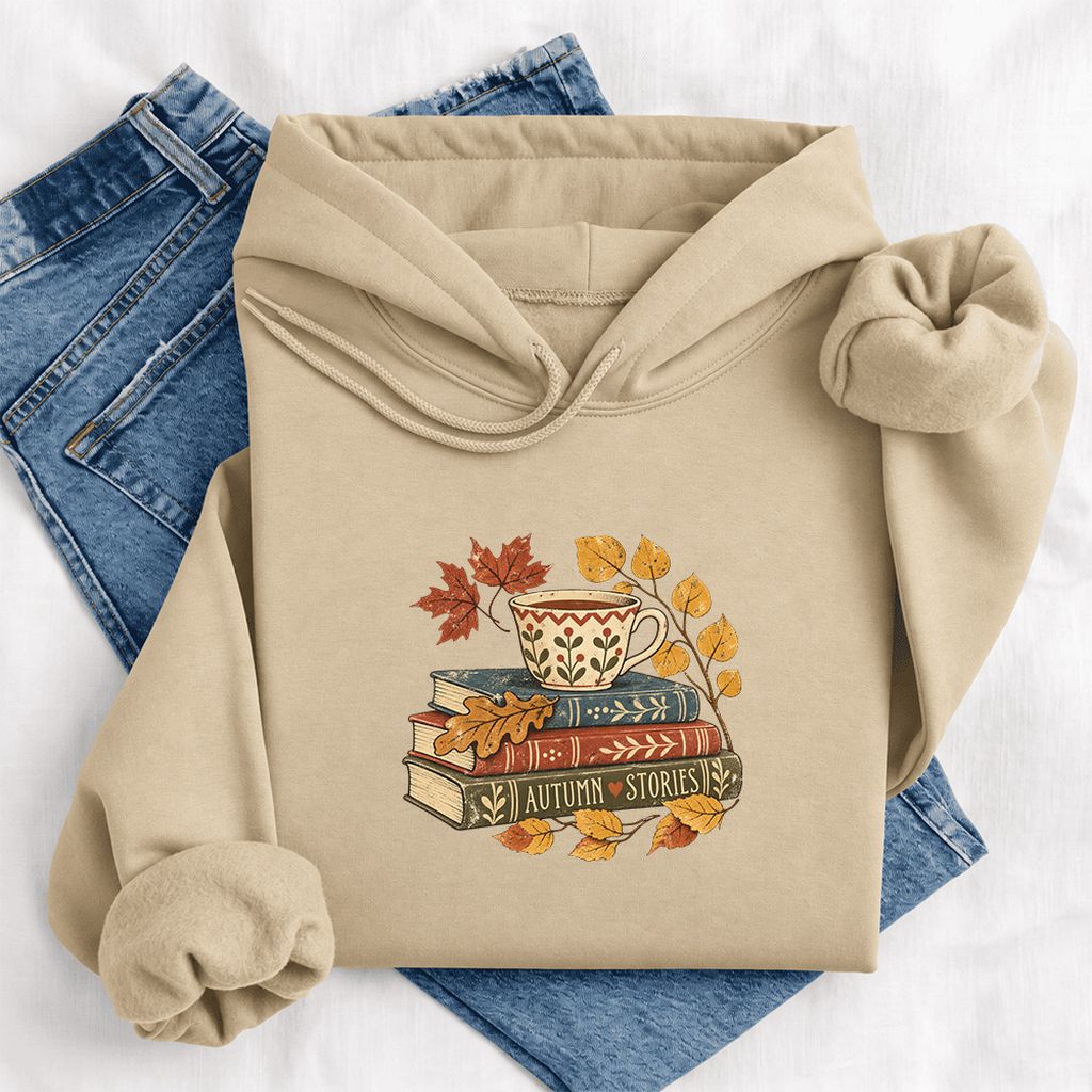 Autumn Stories Book Stack Softstyle Hoodie | Cozy Fall Reader Gift Sand