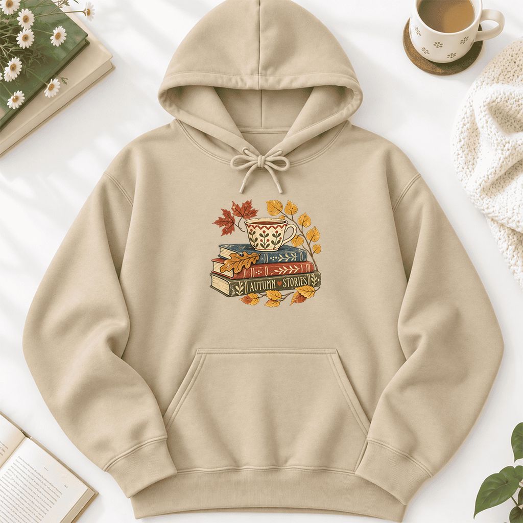 Autumn Stories Book Stack Softstyle Hoodie | Cozy Fall Reader Gift Sand