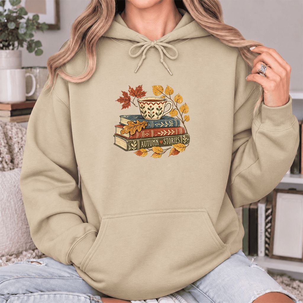 Autumn Stories Book Stack Softstyle Hoodie | Cozy Fall Reader Gift Sand