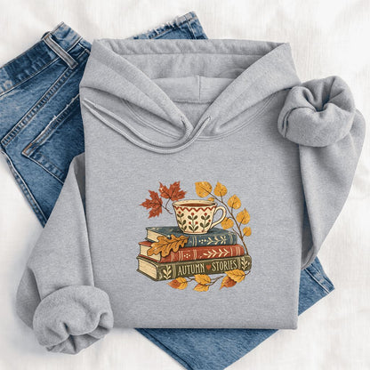 Autumn Stories Book Stack Softstyle Hoodie | Cozy Fall Reader Gift Sport Grey