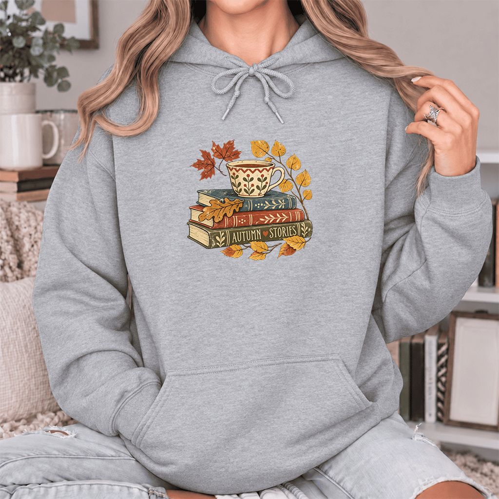 Autumn Stories Book Stack Softstyle Hoodie | Cozy Fall Reader Gift Sport Grey
