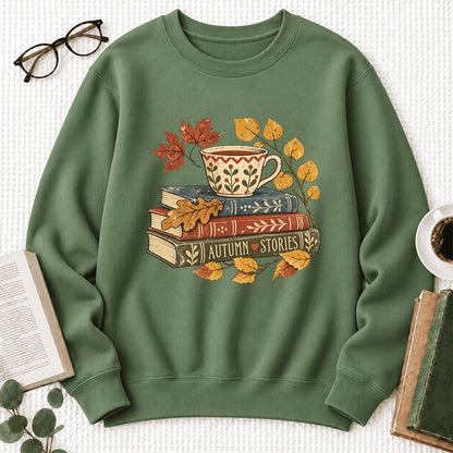 Autumn Stories Book Stack Softstyle Sweatshirt | Cozy Fall Reader Gift Military Green