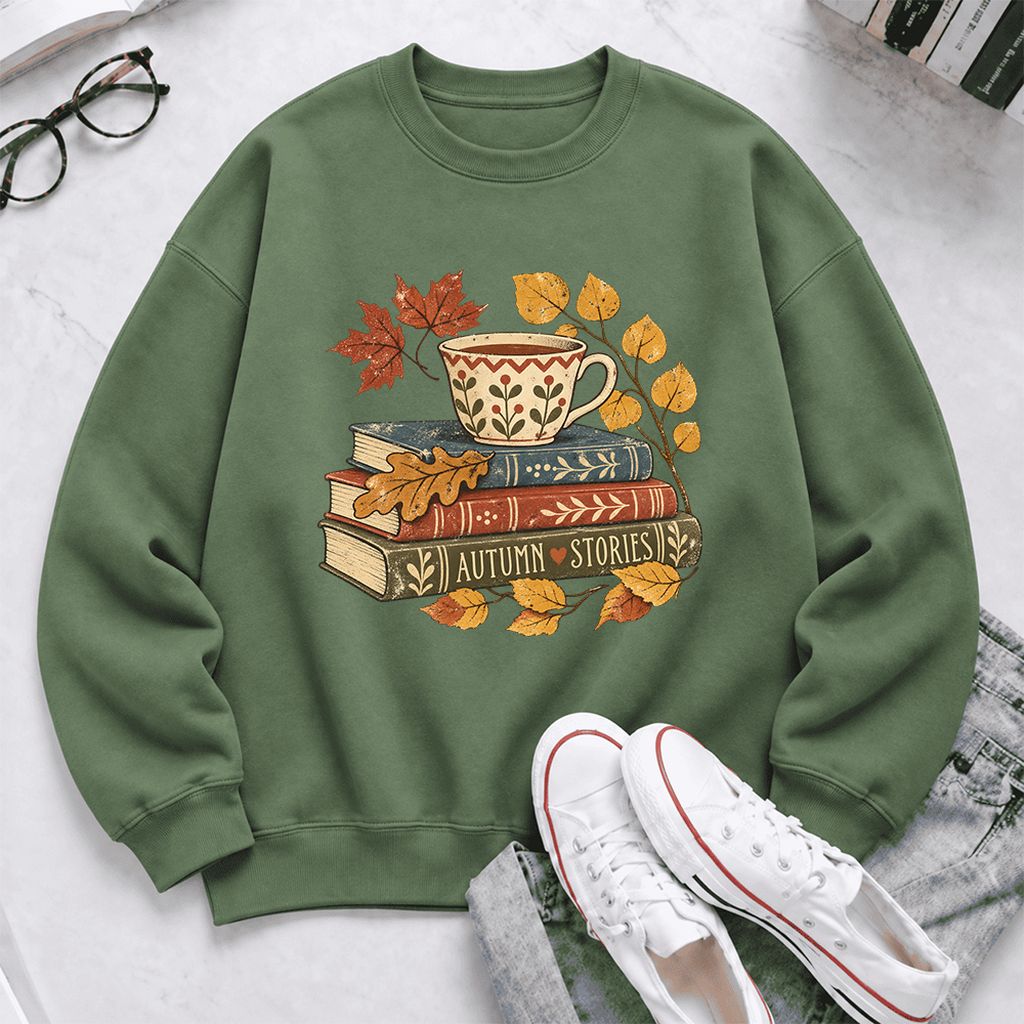 Autumn Stories Book Stack Softstyle Sweatshirt | Cozy Fall Reader Gift Military Green