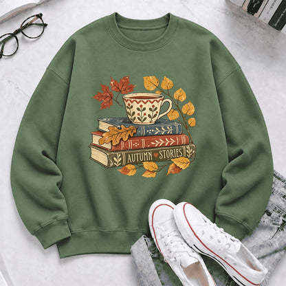 Autumn Stories Book Stack Softstyle Sweatshirt | Cozy Fall Reader Gift Military Green