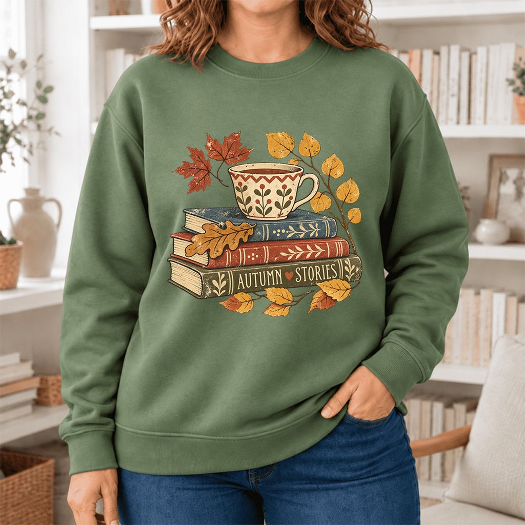 Autumn Stories Book Stack Softstyle Sweatshirt | Cozy Fall Reader Gift Military Green