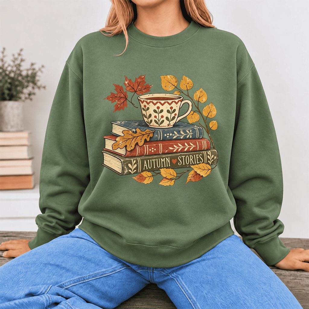 Autumn Stories Book Stack Softstyle Sweatshirt | Cozy Fall Reader Gift Military Green