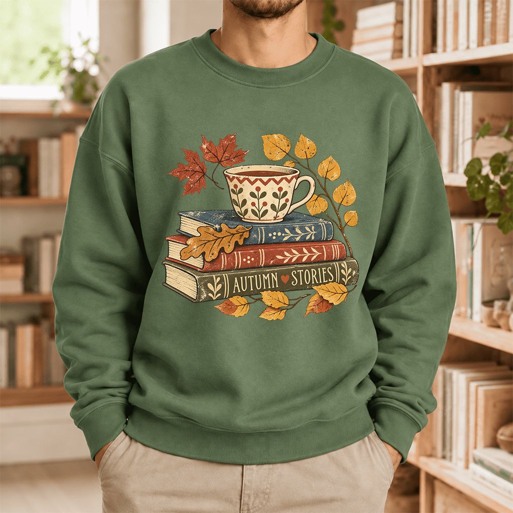 Autumn Stories Book Stack Softstyle Sweatshirt | Cozy Fall Reader Gift Military Green