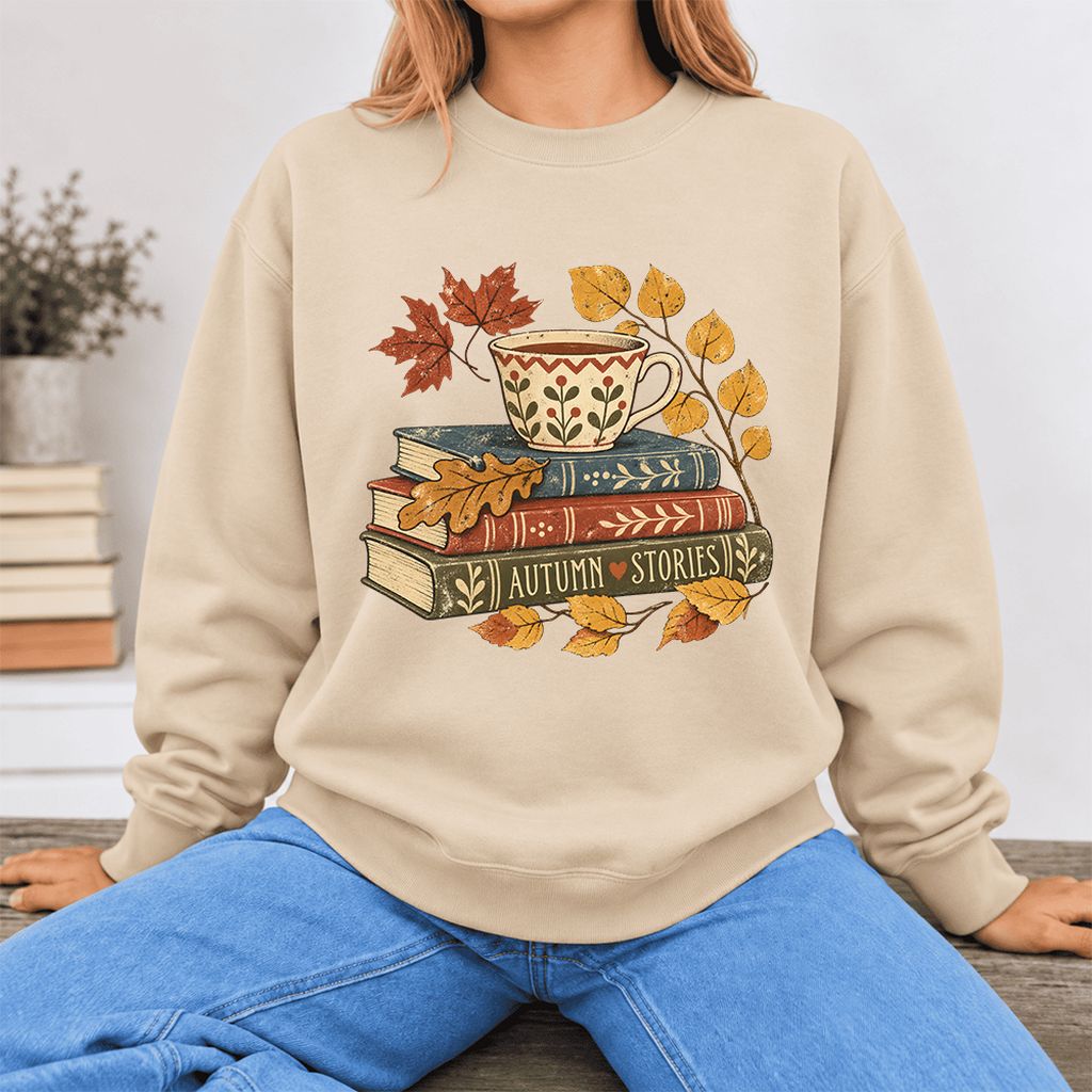 Autumn Stories Book Stack Softstyle Sweatshirt | Cozy Fall Reader Gift Sand