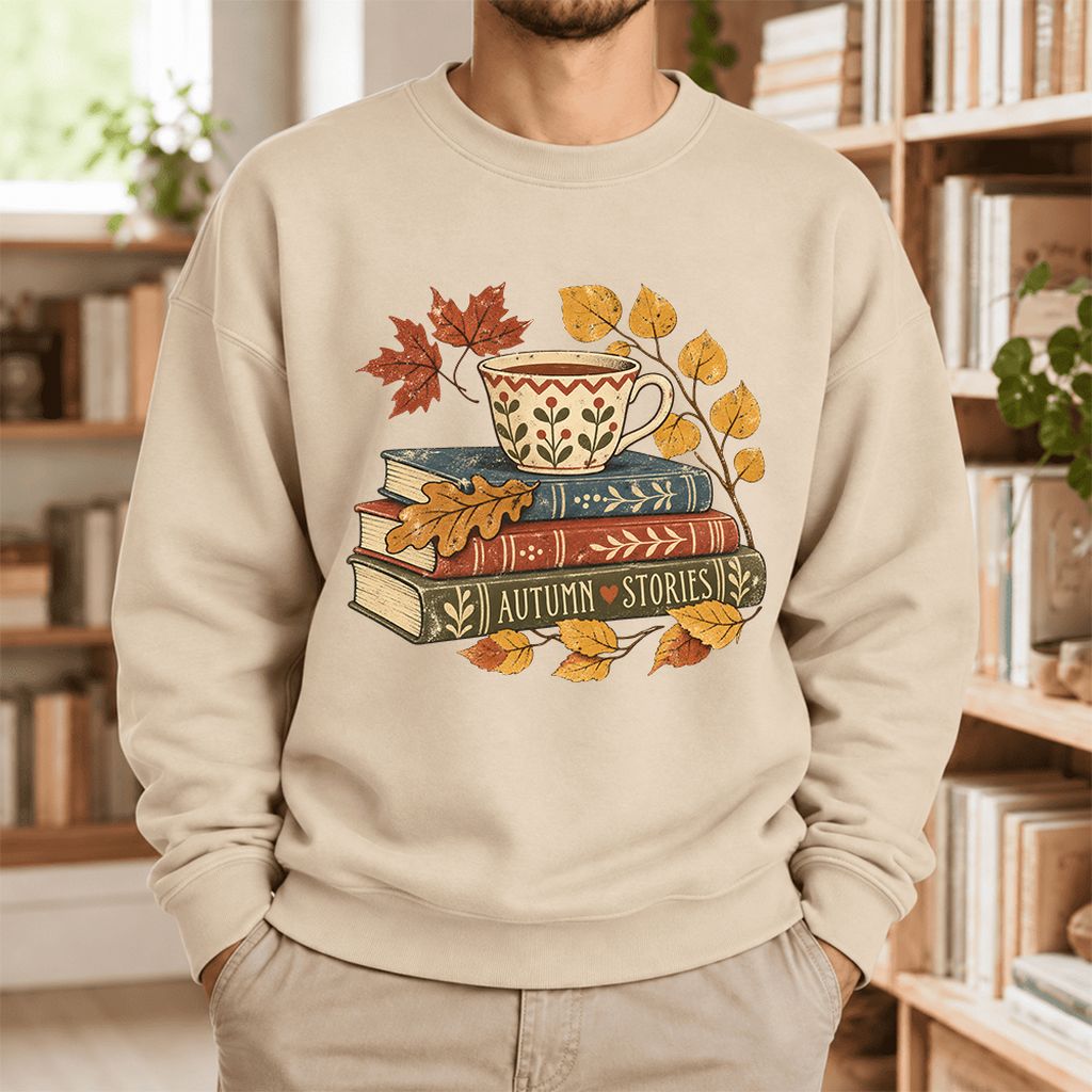 Autumn Stories Book Stack Softstyle Sweatshirt | Cozy Fall Reader Gift Sand