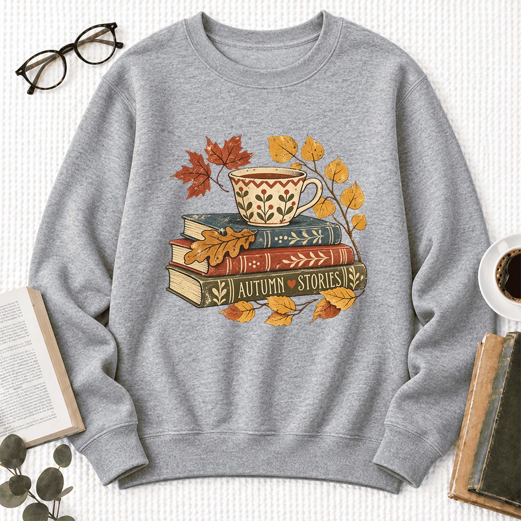 Autumn Stories Book Stack Softstyle Sweatshirt | Cozy Fall Reader Gift Sport Grey