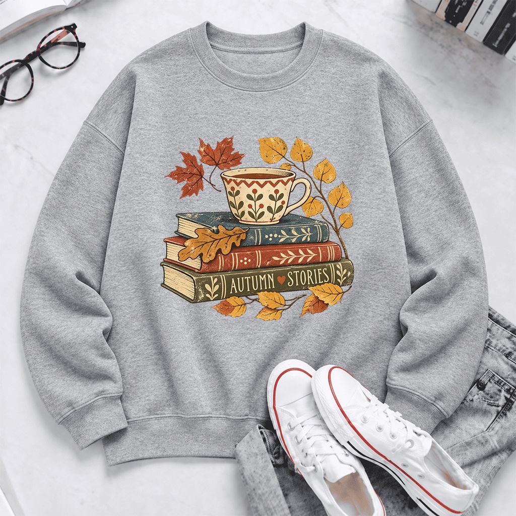 Autumn Stories Book Stack Softstyle Sweatshirt | Cozy Fall Reader Gift Sport Grey