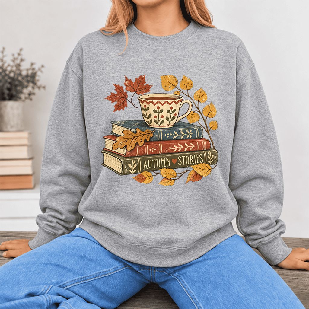Autumn Stories Book Stack Softstyle Sweatshirt | Cozy Fall Reader Gift Sport Grey