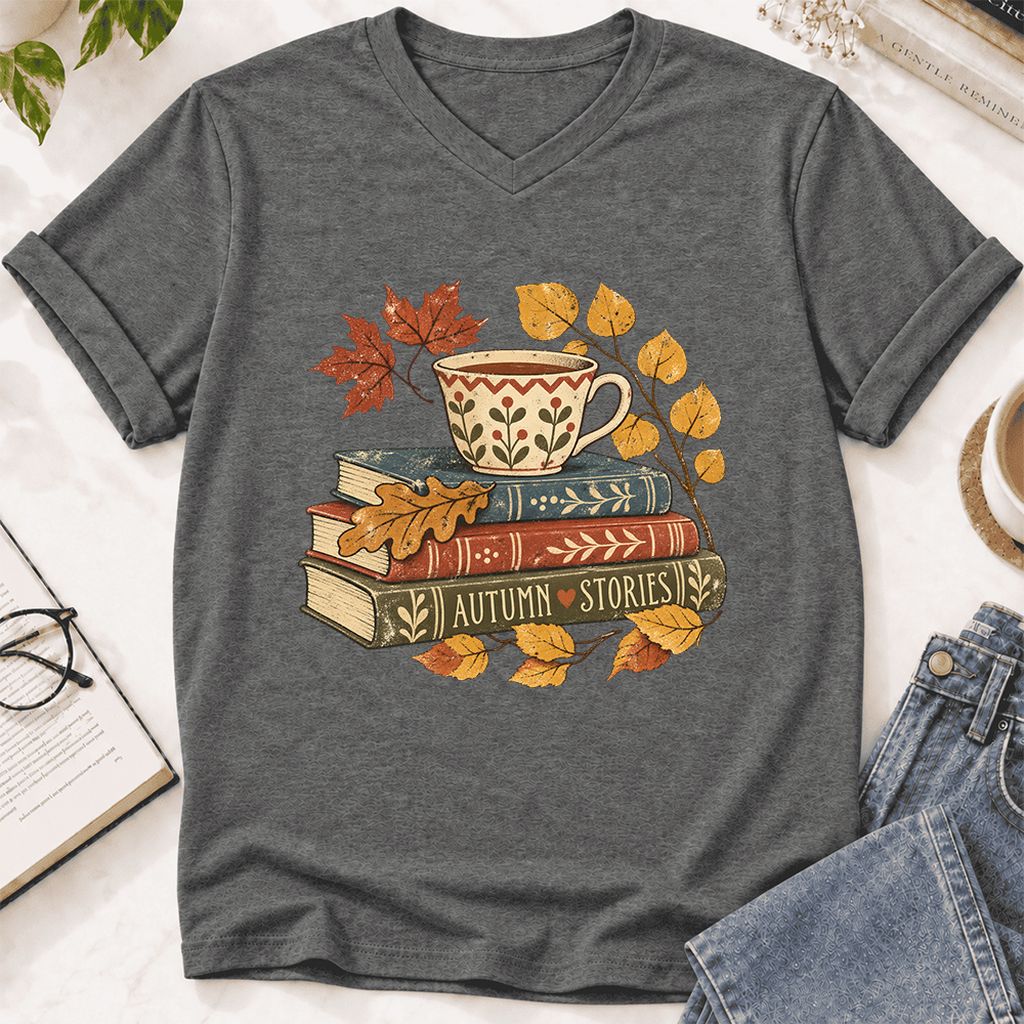 Autumn Stories Book Stack Ultra-Soft V-Neck | Cozy Fall Reader Gift Deep Heather