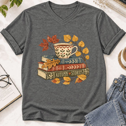Autumn Stories Book Stack Ultra-Soft V-Neck | Cozy Fall Reader Gift Deep Heather