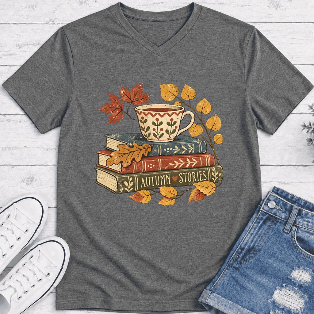 Autumn Stories Book Stack Ultra-Soft V-Neck | Cozy Fall Reader Gift Deep Heather