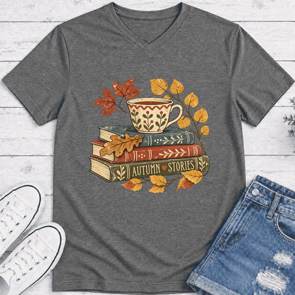 Autumn Stories Book Stack Ultra-Soft V-Neck | Cozy Fall Reader Gift Deep Heather