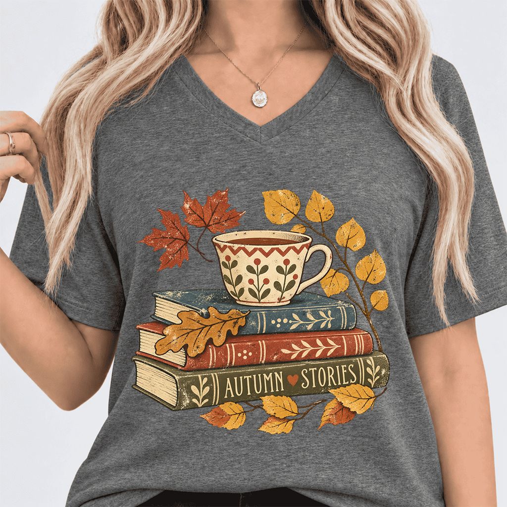 Autumn Stories Book Stack Ultra-Soft V-Neck | Cozy Fall Reader Gift Deep Heather