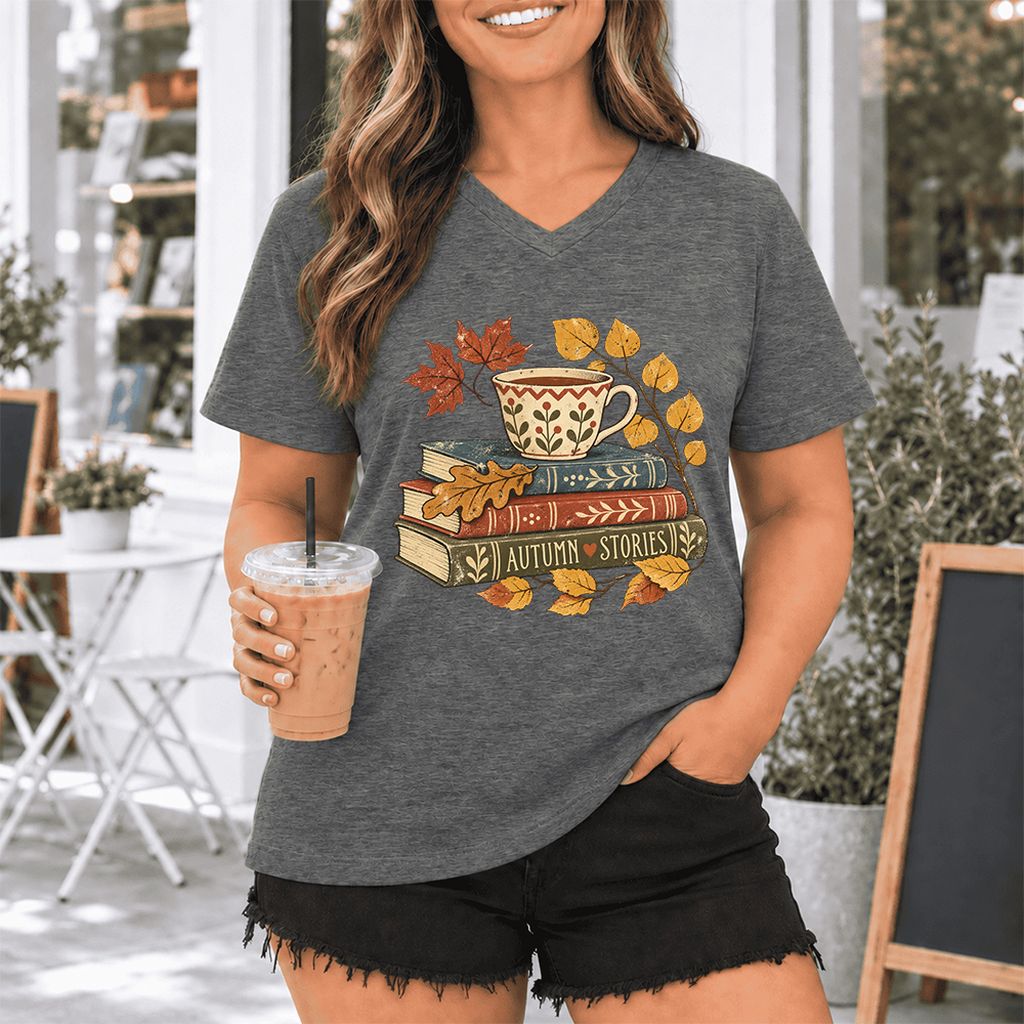 Autumn Stories Book Stack Ultra-Soft V-Neck | Cozy Fall Reader Gift Deep Heather