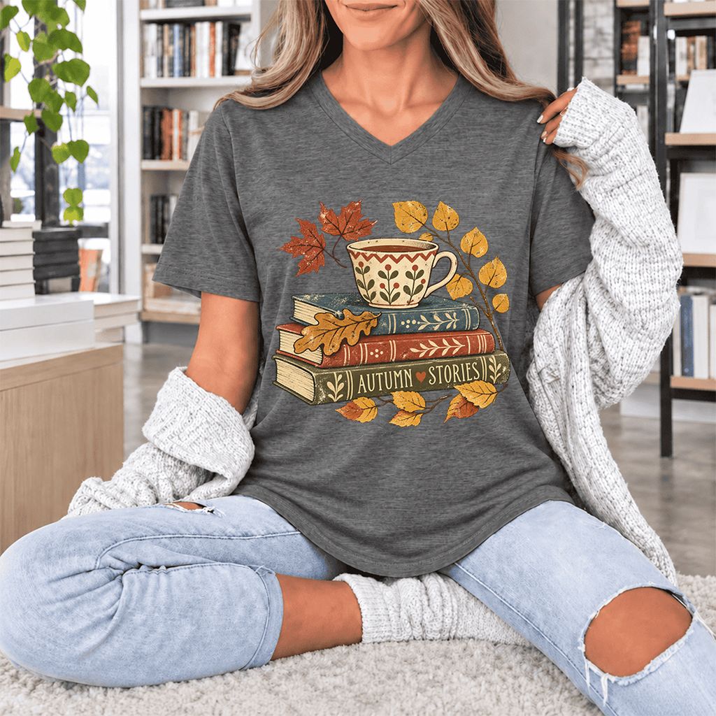 Autumn Stories Book Stack Ultra-Soft V-Neck | Cozy Fall Reader Gift Deep Heather