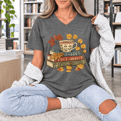 Autumn Stories Book Stack Ultra-Soft V-Neck | Cozy Fall Reader Gift Deep Heather