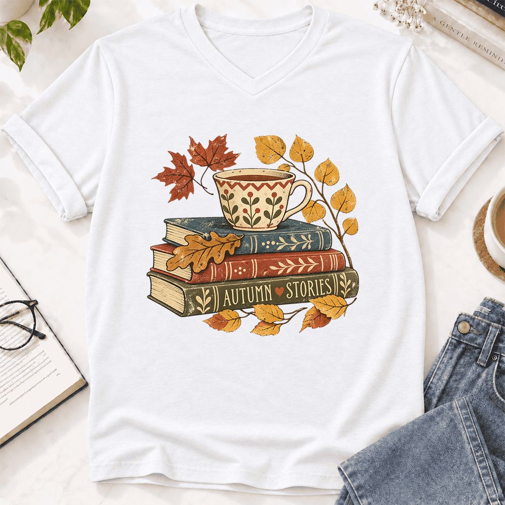 Autumn Stories Book Stack Ultra-Soft V-Neck | Cozy Fall Reader Gift White