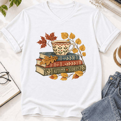 Autumn Stories Book Stack Ultra-Soft V-Neck | Cozy Fall Reader Gift White